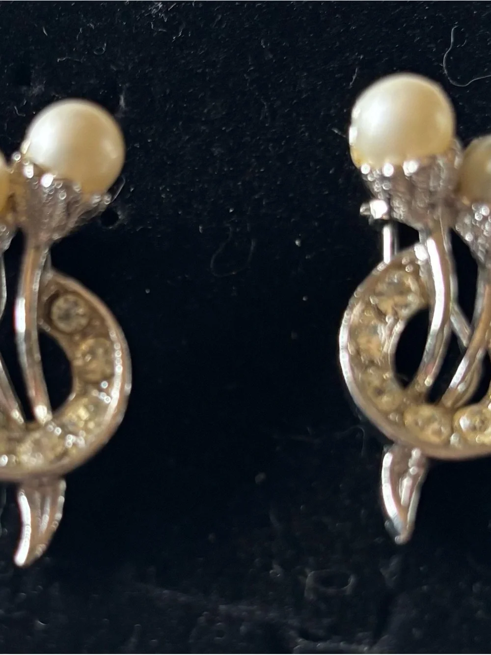 Vintage Faux Pearl Rhinestone Mesh Bracelet Clip Earrings Set Silver Tone 1950s